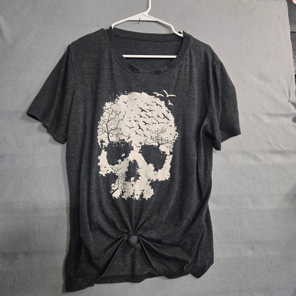 Charcoal‎ Gray Skull Bird Tree Graphic Short Sleeve Front Knot T-Shirt Women's L